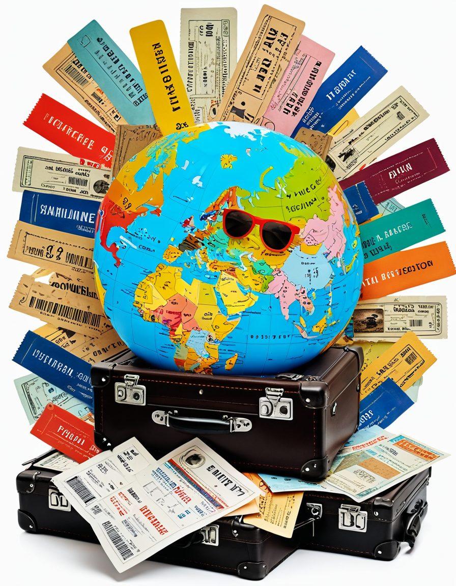 A vibrant collage of a globe surrounded by various airline tickets, a suitcase overflowing with travel essentials, and a digital screen displaying flight prices. Bright colors to represent different destinations and icons of airplanes and landmarks. Include travelers happily planning their trips in the background. super-realistic. vibrant colors. white background.