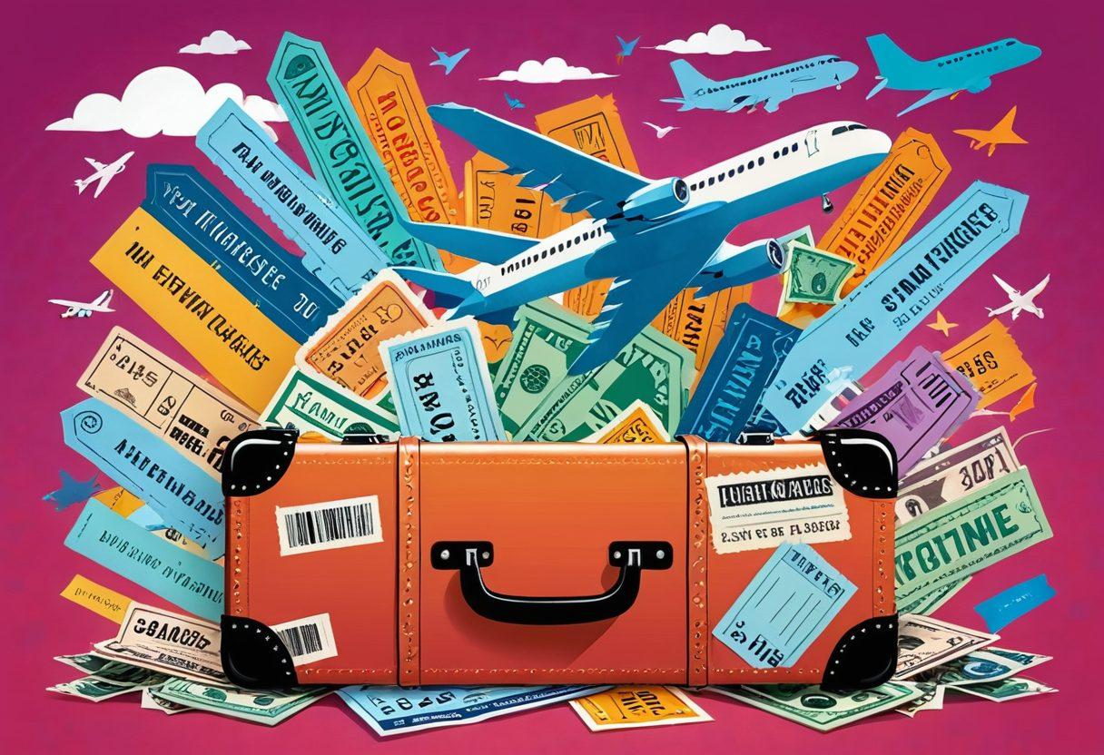 A whimsical illustration of an open suitcase filled with colorful flight tickets, money-saving tips stacked around it, and airplane silhouettes flying overhead. The background features iconic landmarks from various destinations, all infused with bright, playful colors. The overall vibe should convey a sense of travel excitement and affordability. vibrant colors. vector art.